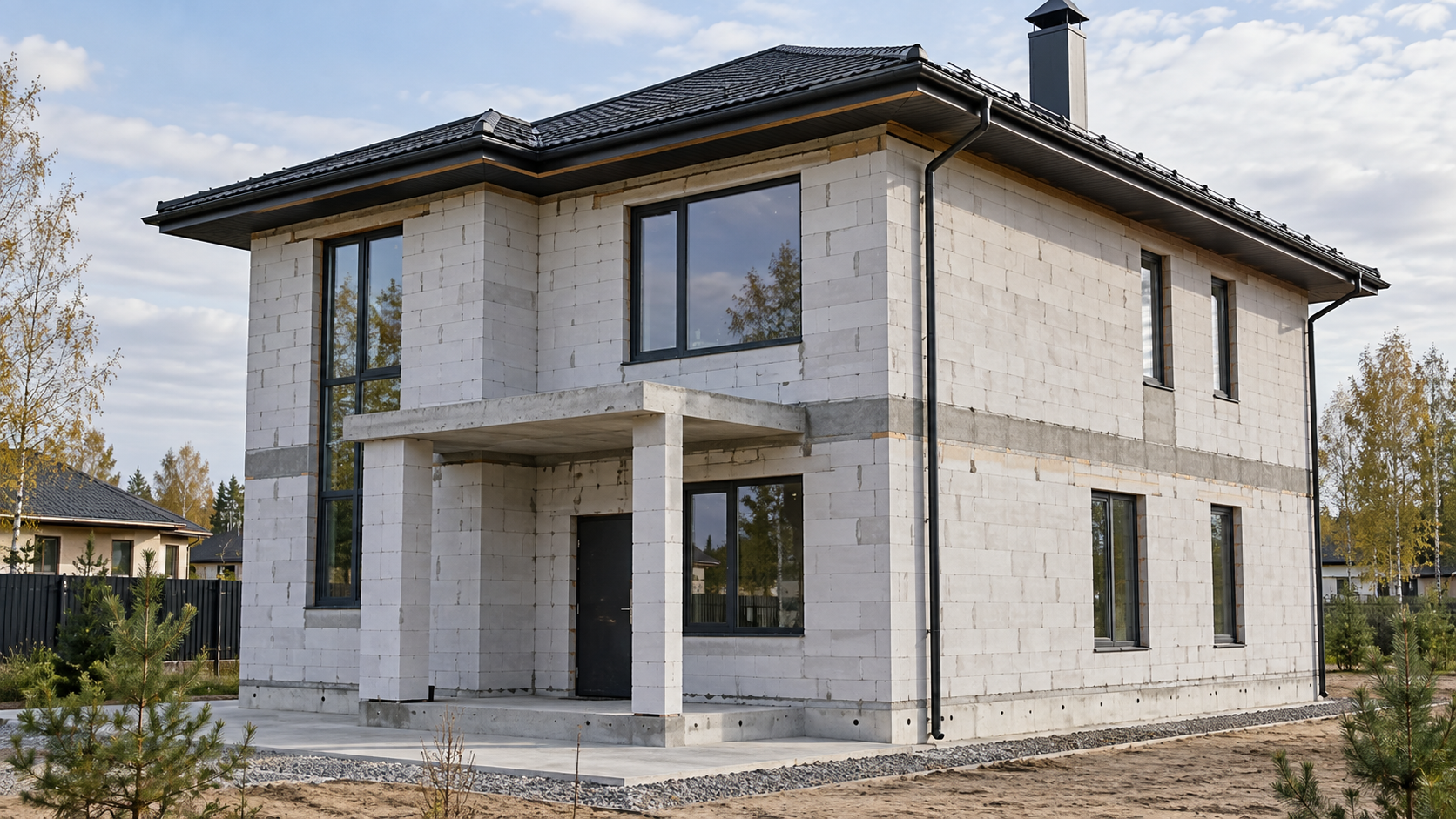 Дом из газобетона на этапе строительства перед наружной отделкой