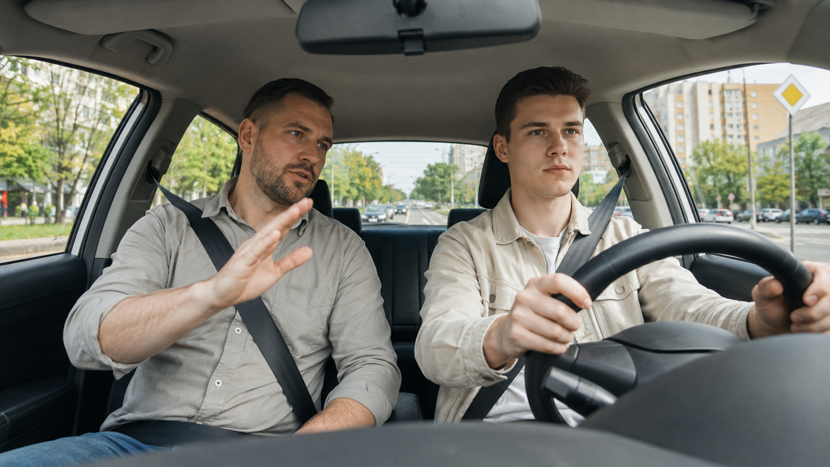 Ученик автошколы проходит практическое занятие по вождению с инструктором