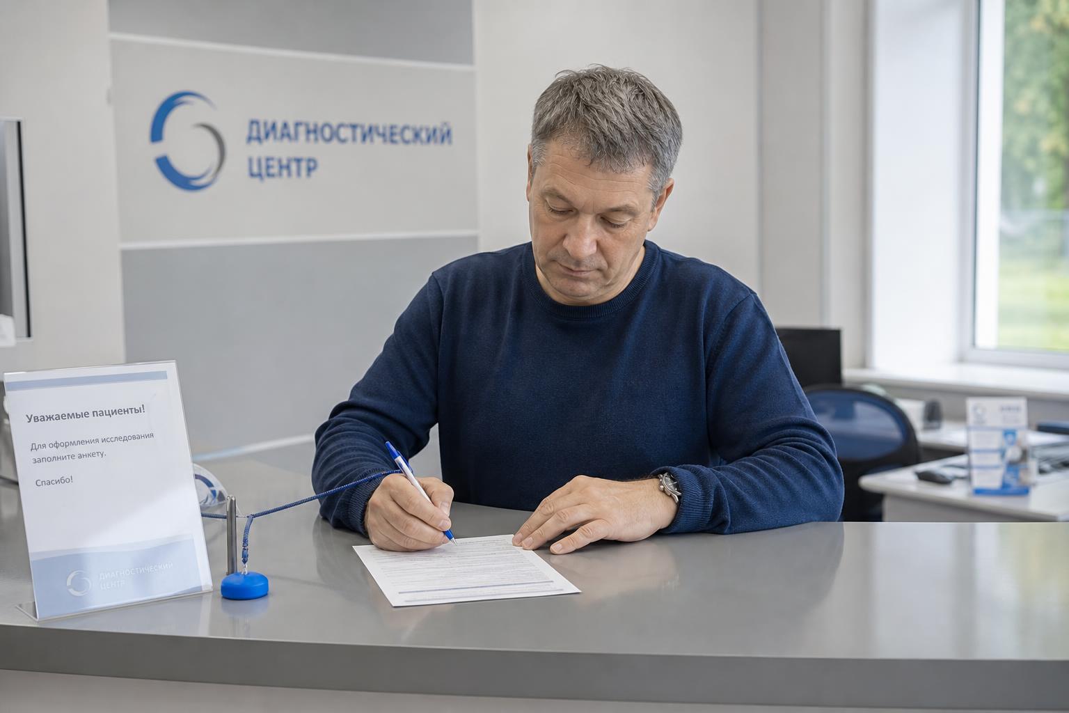 Пациент заполняет анкету перед компьютерной томографией в приёмной российского диагностического центра